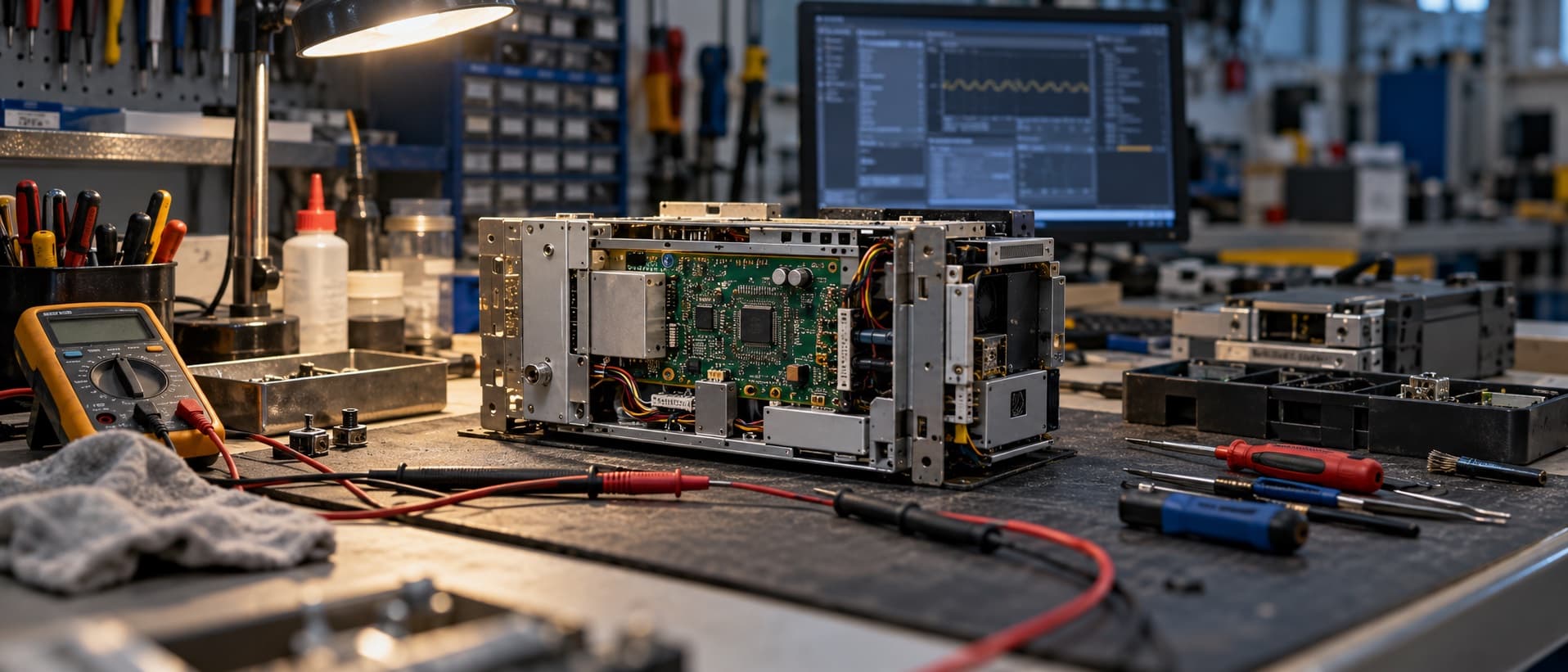 Representative editorial image of a technical repair bench with an open electronic module and diagnostic tools