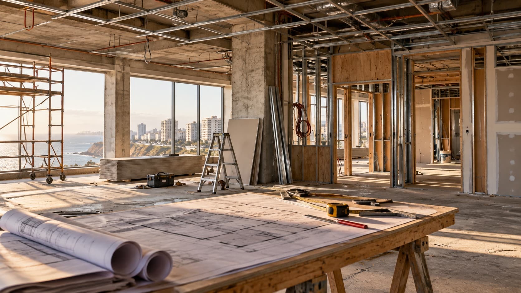 Representative editorial image of a fit-out construction site with plans and an unfinished interior