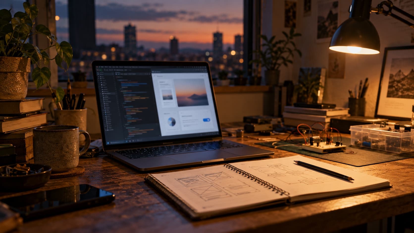 Representative editorial image of a software workspace with a laptop, sketches and a small electronics prototype