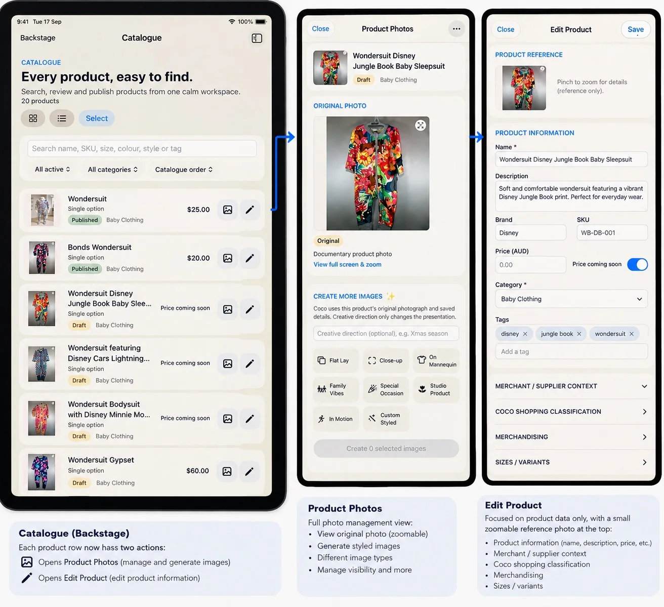 Coco de la Llama catalogue and product editing workflow