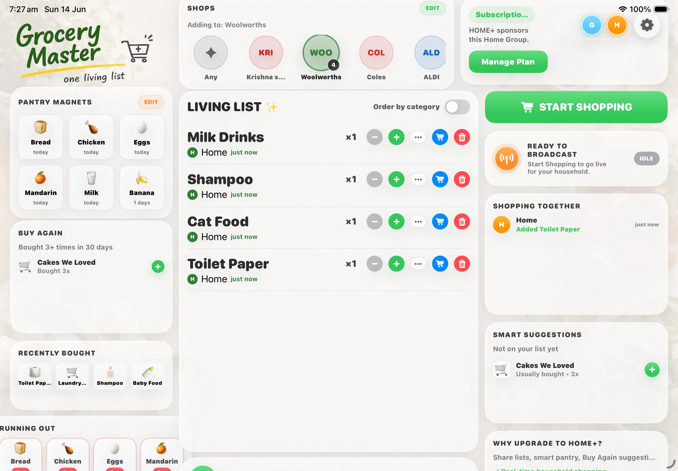 Grocery Master living list and pantry interface on iPad