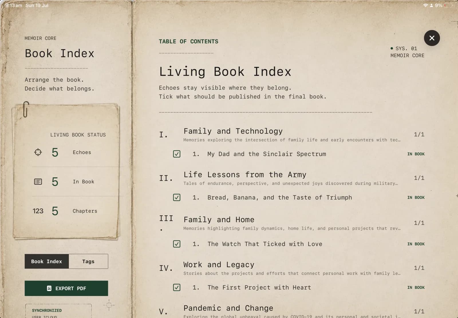 Memoir Echoes book index on iPad